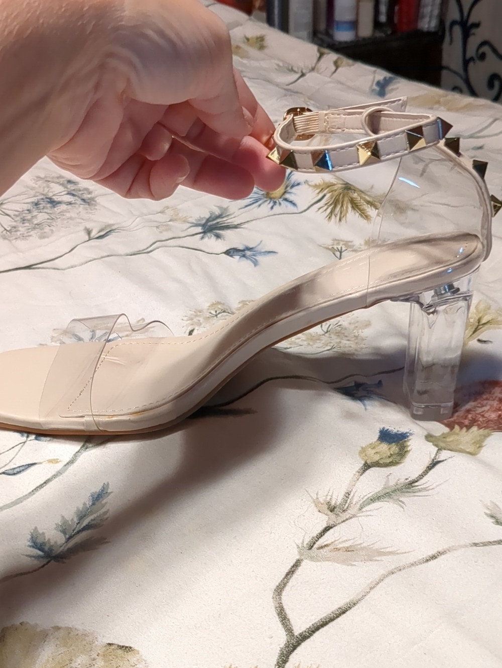 Wild Diva Nude Clear Block Heel Sandals with Gold Stud Ankle Strap 8.5